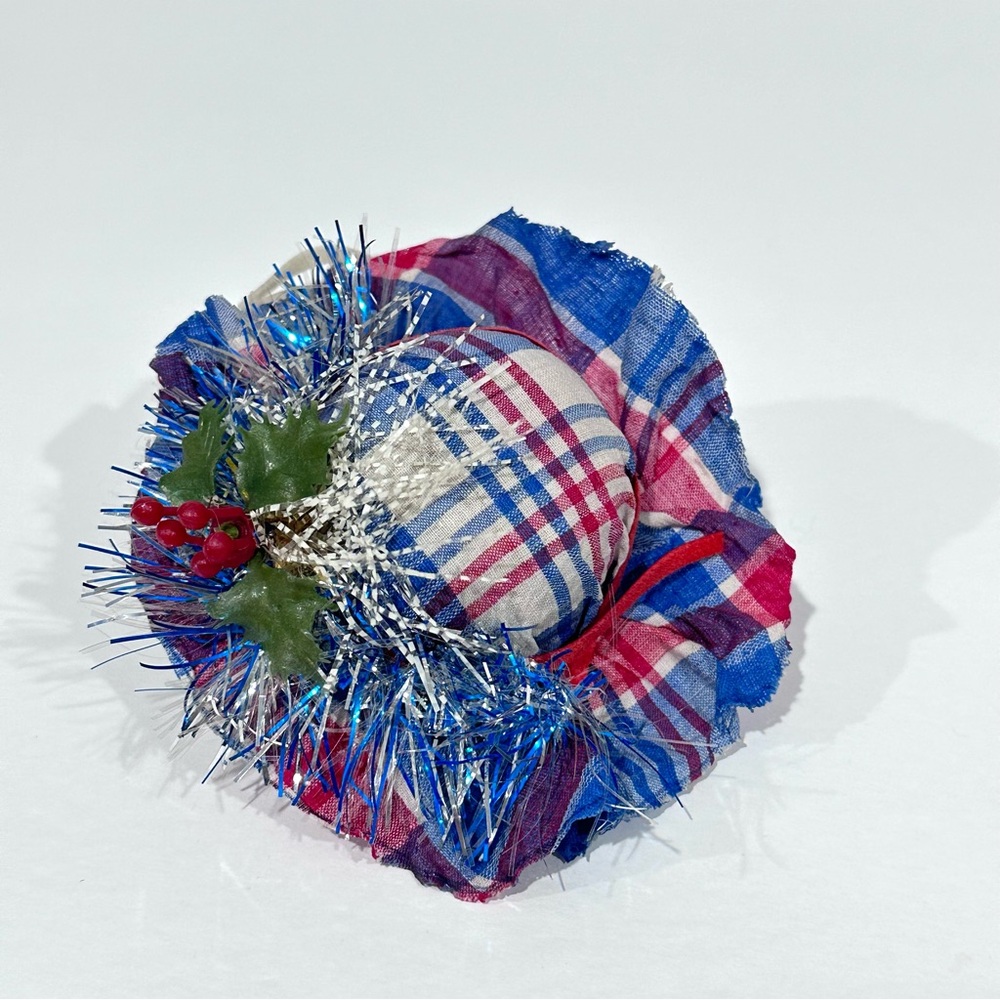 Vintage Plaid Hat Christmas Ornament Tinsel & Holly